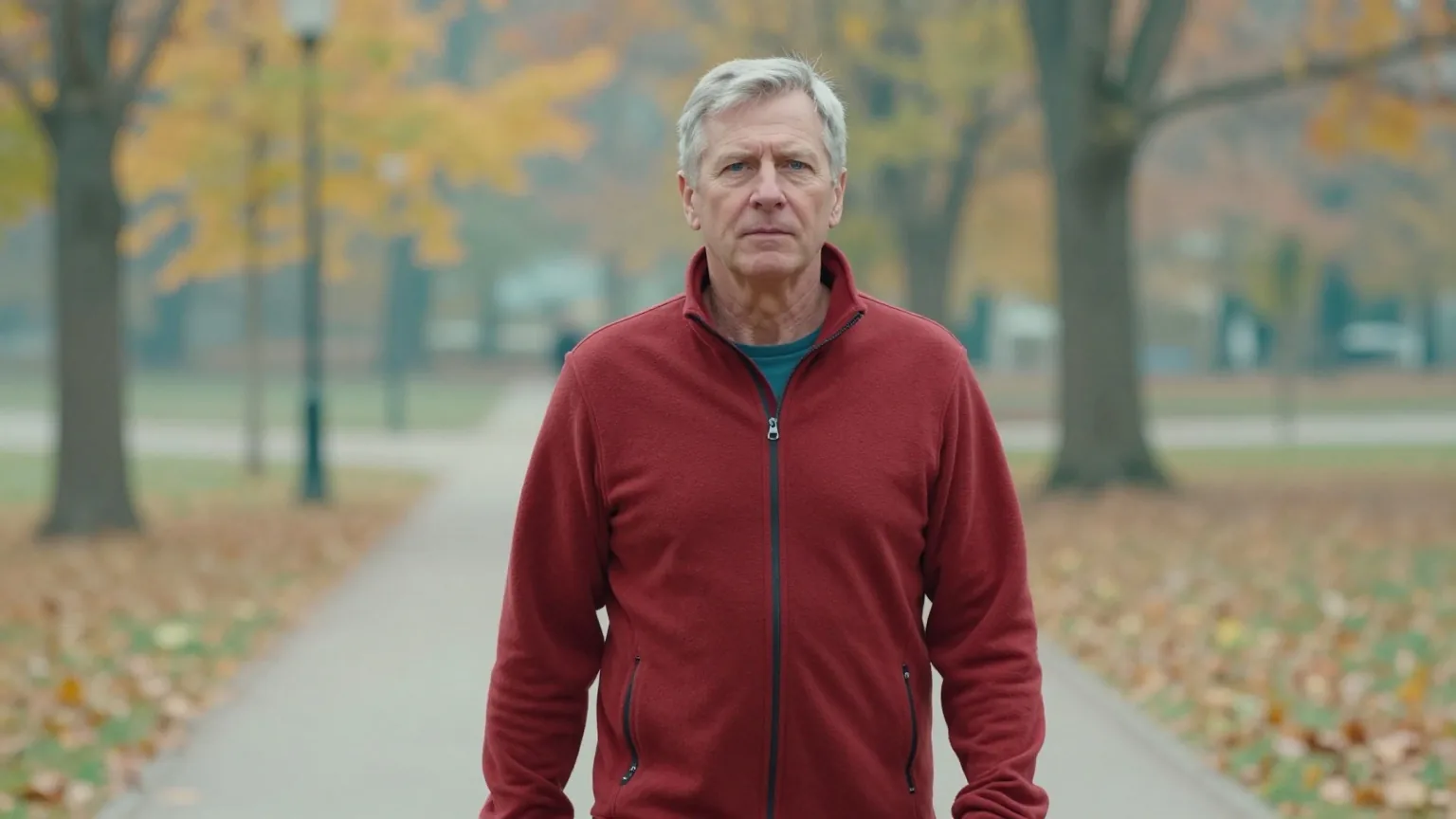 Mann Mitte sechzig mit kurzem grauem Haar in einer roten Fleecejacke geht an einem klaren Herbstmorgen langsam einen Spazierweg am Park entlang