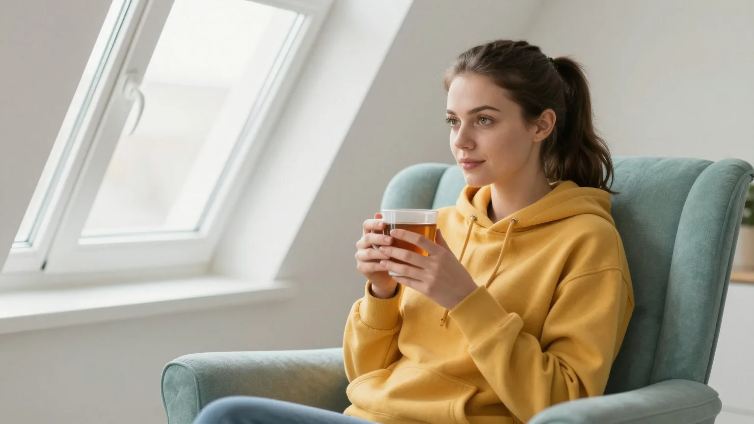 Frau Anfang dreißig mit dunkelbraunem Pferdeschwanz in einem senfgelben Kapuzenpullover sitzt mit einer Tasse Tee in einem Sessel neben einem gekippten Fenster
