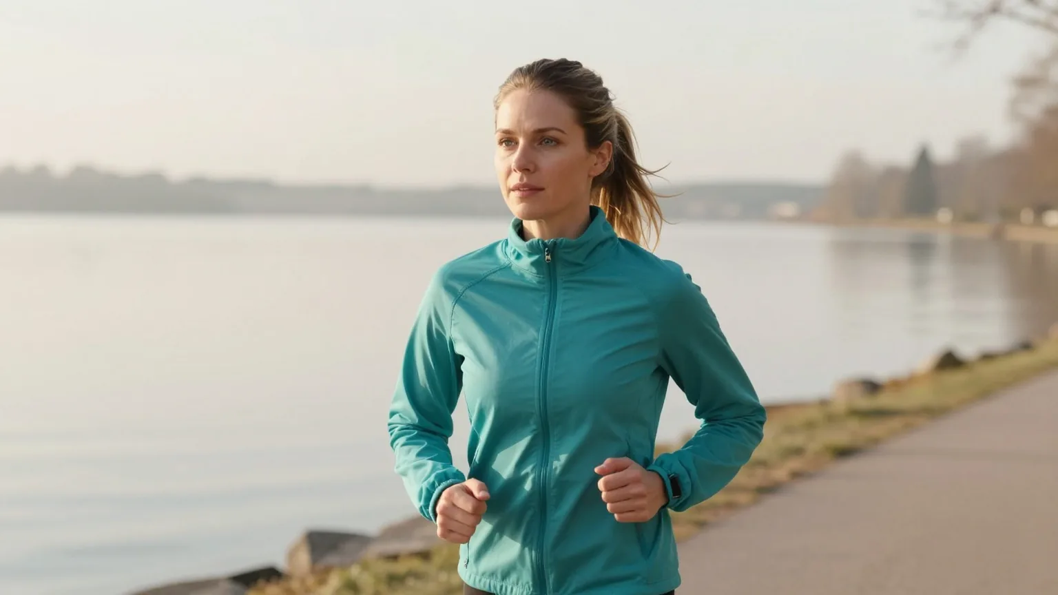 Junge Frau Ende zwanzig mit dunkelblondem Pferdeschwanz in einer petrolfarbenen Laufjacke joggt am Morgen auf einem Uferweg an einem See