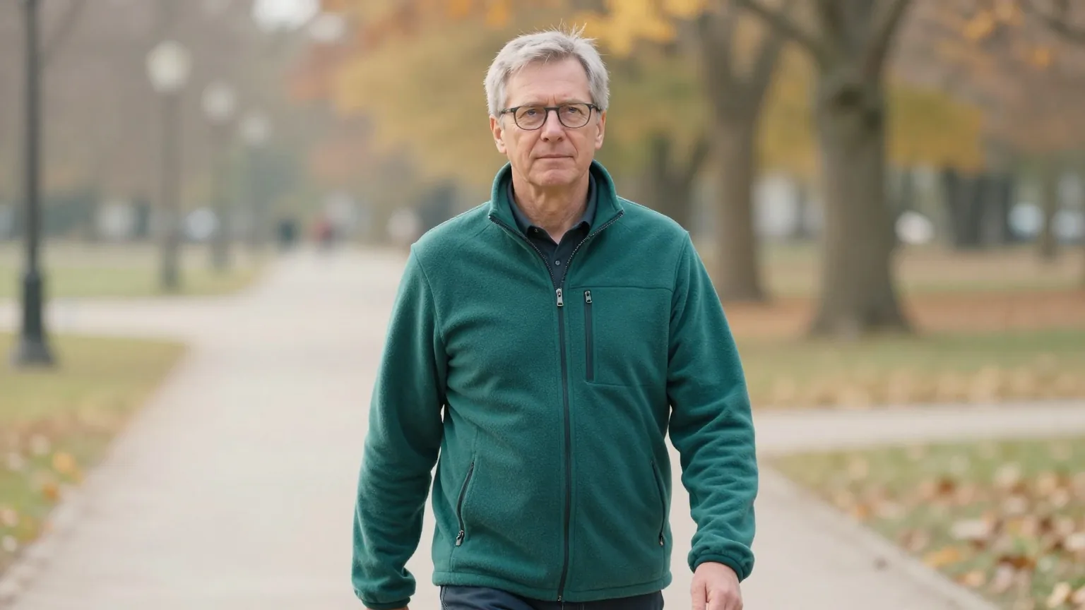 Mann Ende fünfzig mit kurzem grauem Haar und Brille in einer dunkelgrünen Fleecejacke geht zügig auf einem Kiesweg durch einen herbstlichen Park