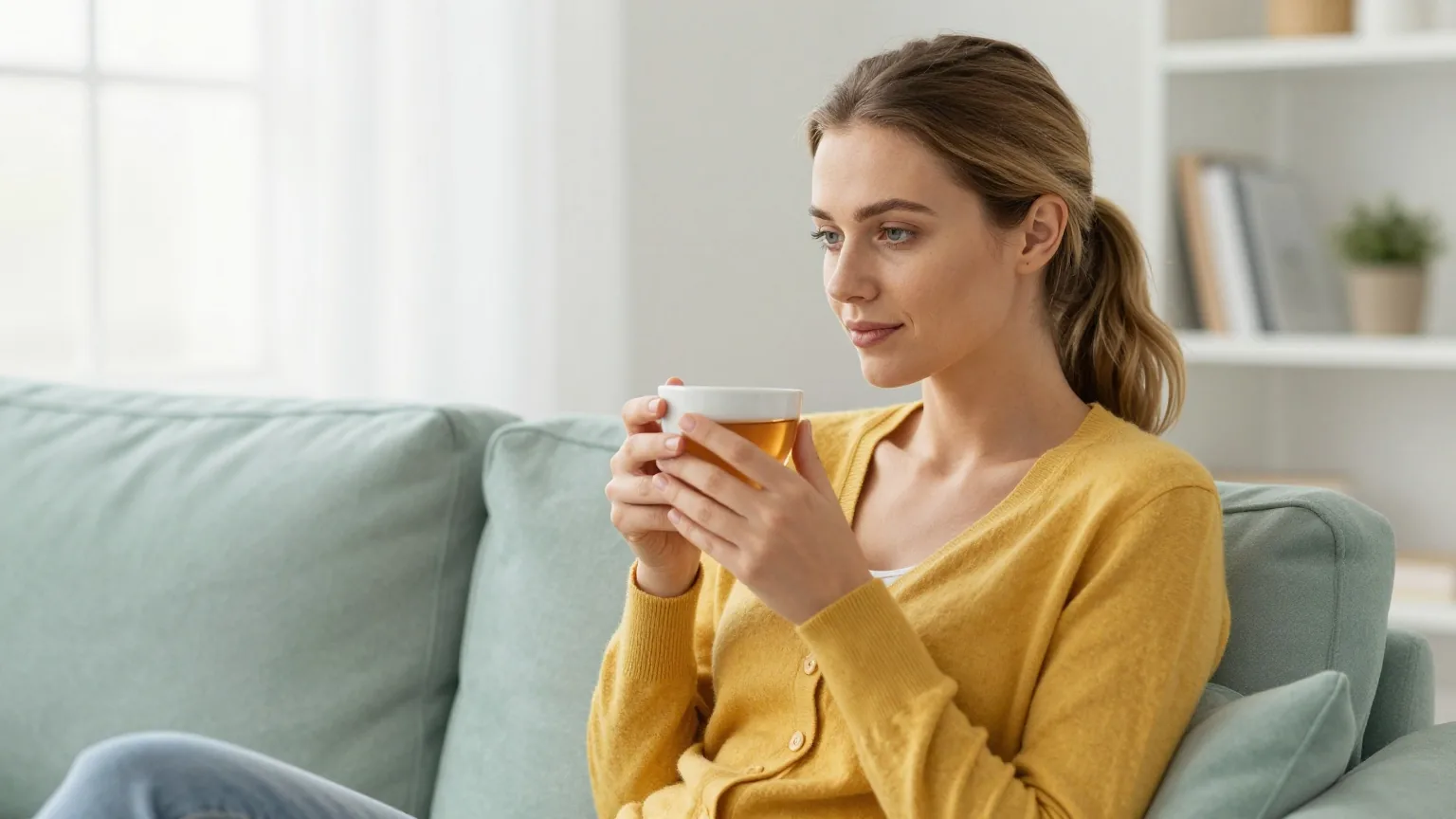 Frau Ende zwanzig mit dunkelblondem Pferdeschwanz in einer senfgelben Strickjacke sitzt entspannt mit einer Tasse Tee auf einem Sofa in einem hellen Wohnzimmer