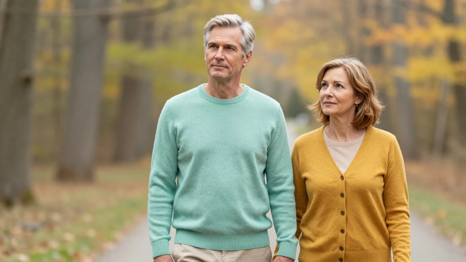 Paar Mitte fünfzig geht Hand in Hand auf einem Waldweg im Herbst, er mit graublondem Haar im grünen Strickpullover, sie mit kastanienbraunem Bob in einer senfgelben Strickjacke
