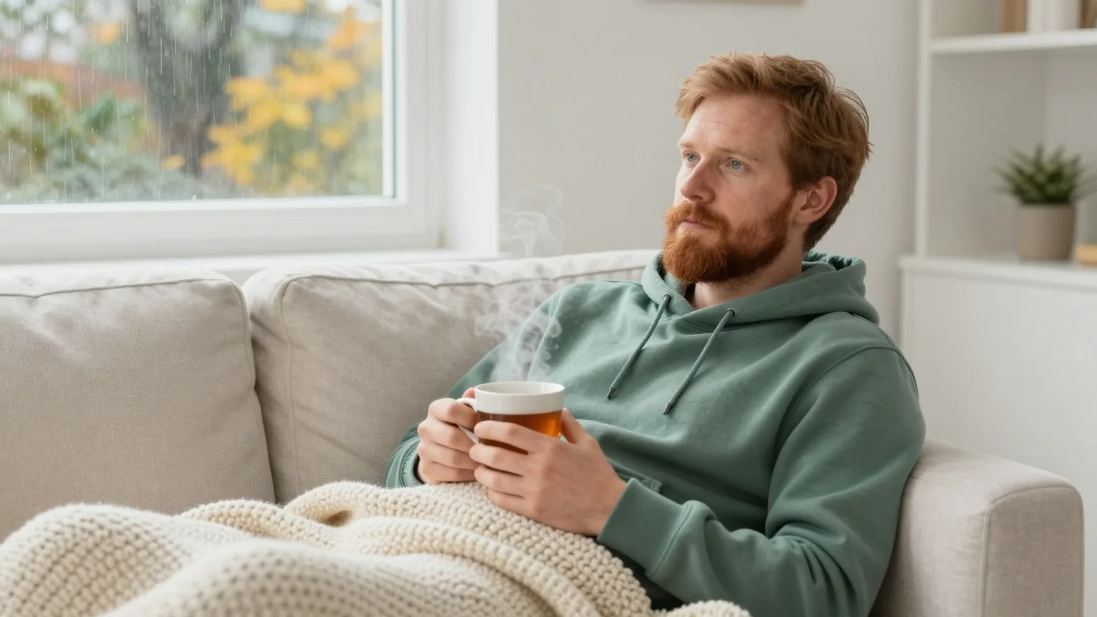 Mann Mitte vierzig mit rotblondem Bart im waldgrünen Kapuzenpullover liegt an einem regnerischen Herbstnachmittag unter einer grob gestrickten Decke auf dem Sofa, neben ihm dampft eine Tasse Tee