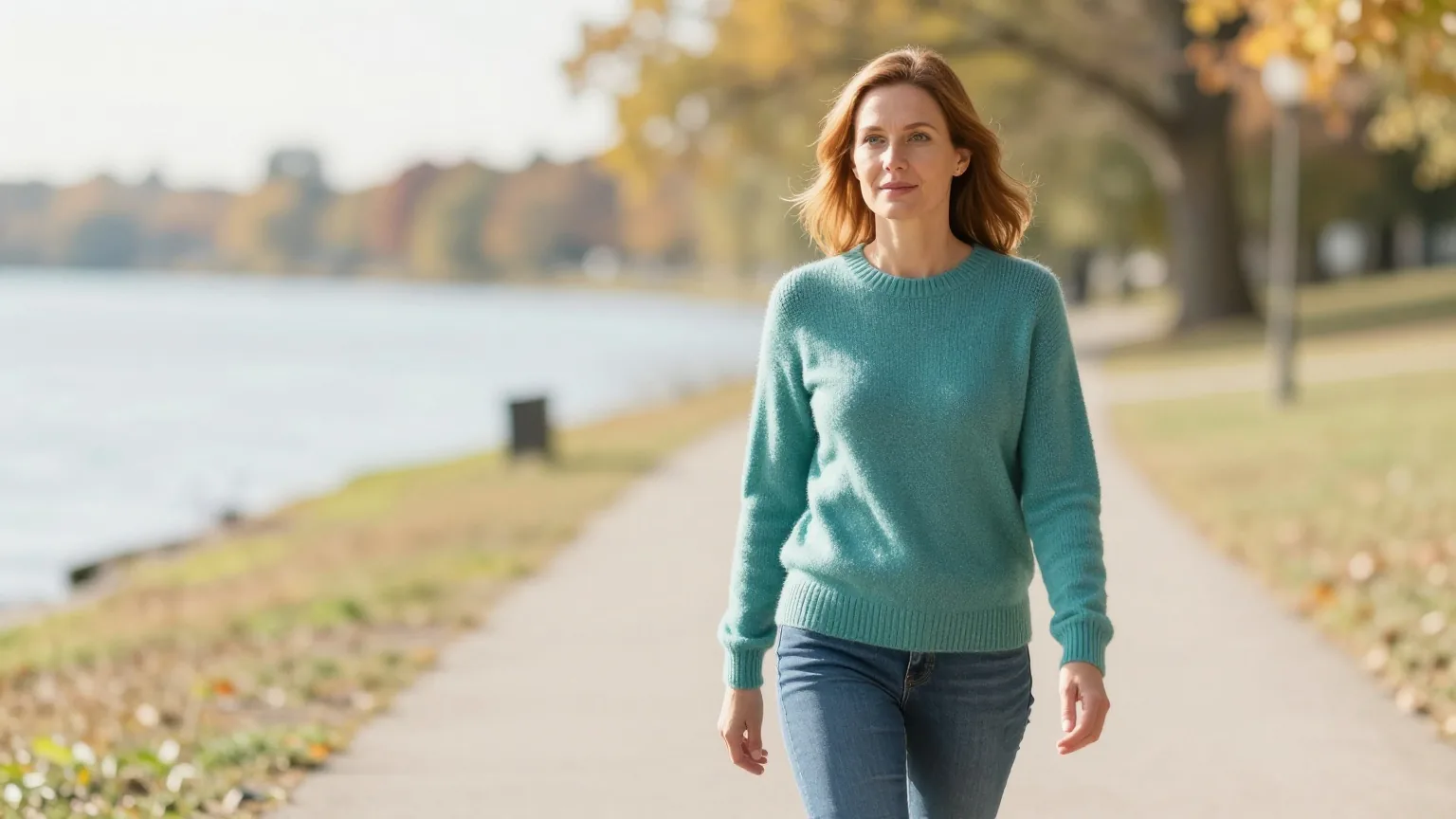 Frau Anfang fünfzig mit schulterlangem kastanienbraunem Haar in einem petrolfarbenen Strickpullover geht an einem sonnigen Herbsttag langsam einen Weg am See entlang