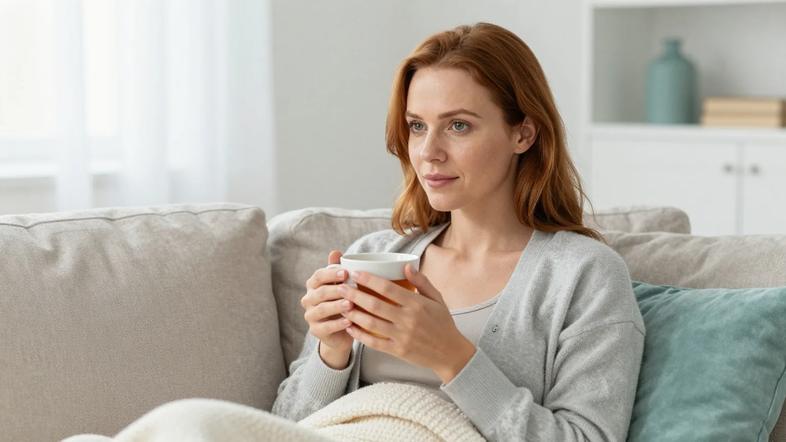 Frau Anfang vierzig mit rotbraunem Haar in einer grauen Strickjacke ruht unter einer leichten Wolldecke auf dem Sofa und hält eine Tasse Tee