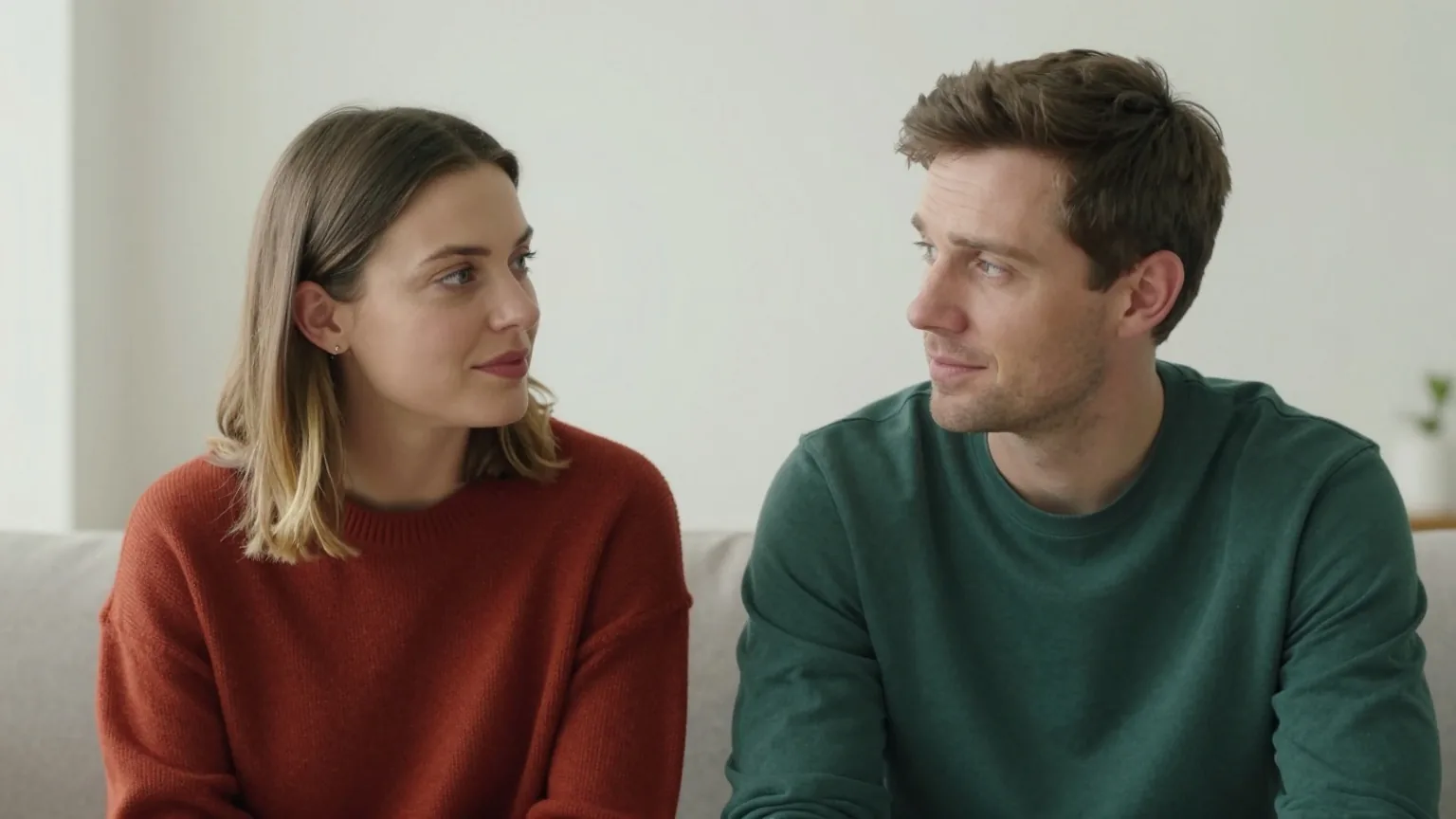 Paar Mitte dreißig sitzt in einem hellen Wohnzimmer nebeneinander auf dem Sofa und unterhält sich ruhig, sie in einem rostroten Strickpullover, er in einem dunkelgrünen Hemd