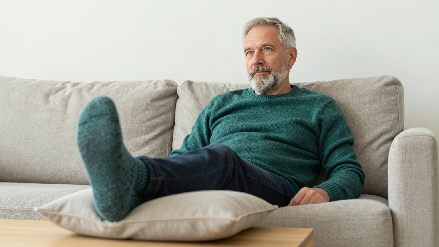 Mann Anfang sechzig mit kurzem grauem Haar und Bart in einem dunkelgrünen Strickpullover sitzt auf dem Sofa und hat einen Fuß in Wollsocke auf ein Kissen auf dem Couchtisch hochgelegt