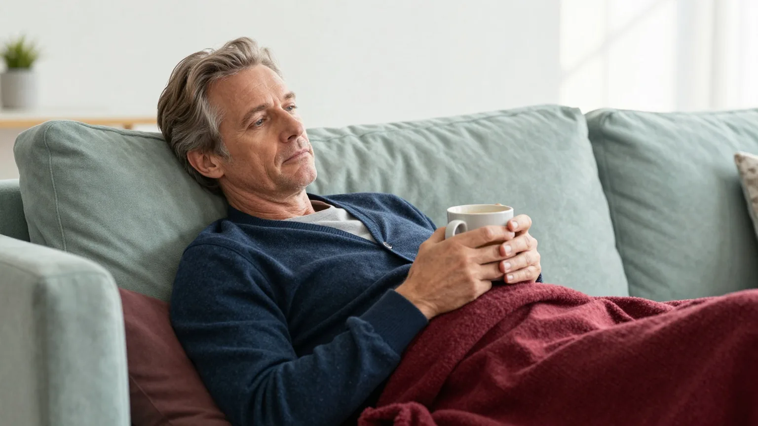Mann Mitte fünfzig mit graumeliertem Haar liegt unter einer dunkelroten Wolldecke auf dem Sofa und hält eine Tasse Tee in beiden Händen