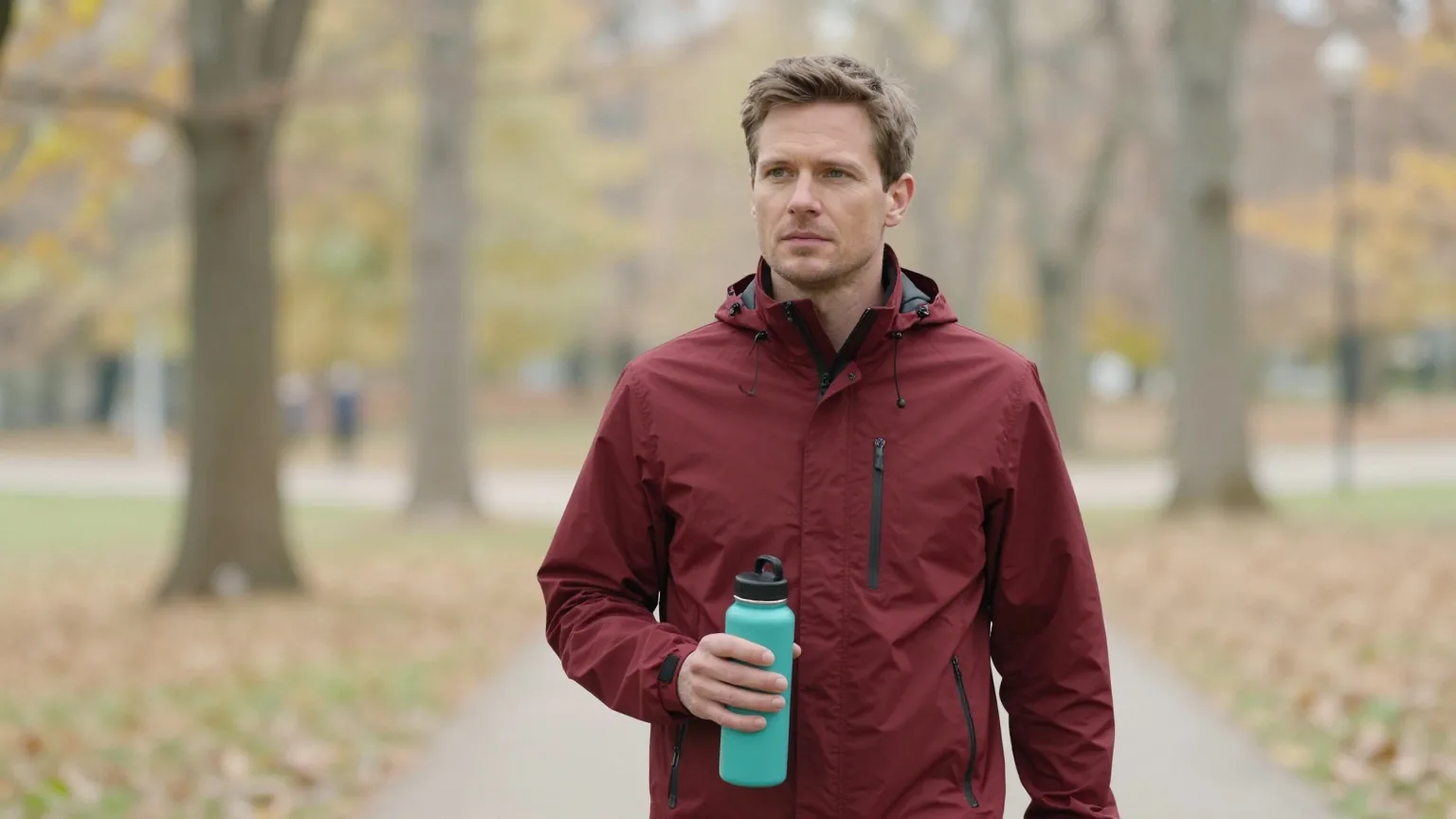 Mann Anfang fünfzig mit kurzem braunem Haar in einer dunkelroten Jacke geht zügig über einen Weg in einem herbstlichen Park und hält eine Trinkflasche in der Hand