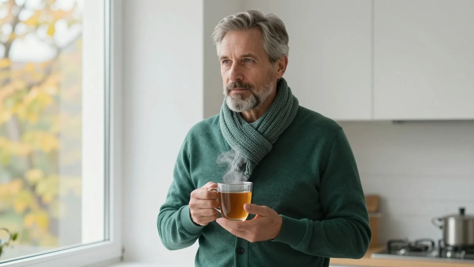 Mann Mitte fünfzig mit grauem Haar und gepflegtem grauem Bart in dunkelgrüner Strickjacke und Strickschal steht am Küchenfenster und hält eine dampfende Tasse Kräutertee