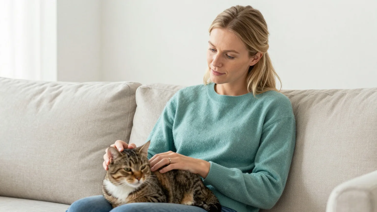 Frau Anfang vierzig mit blondem Haar in petrolfarbenem Pullover sitzt auf einem hellen Sofa und streichelt eine getigerte Katze auf ihrem Schoß