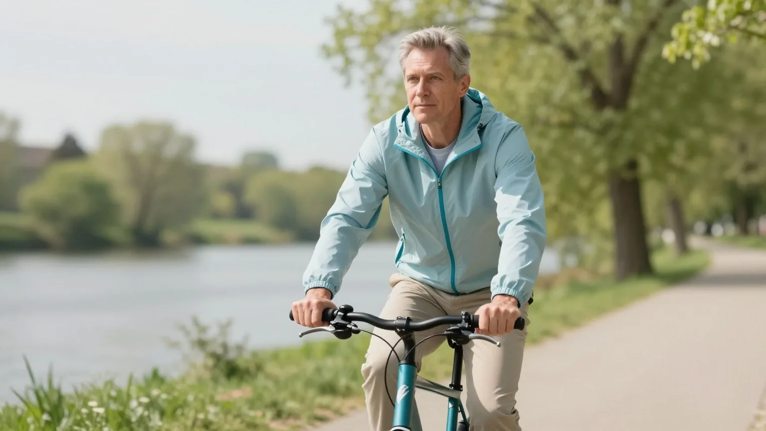 Mann Anfang sechzig mit kurzem grauem Haar fährt an einem sonnigen Frühlingstag in ruhigem Tempo mit dem Fahrrad einen Weg am Fluss entlang