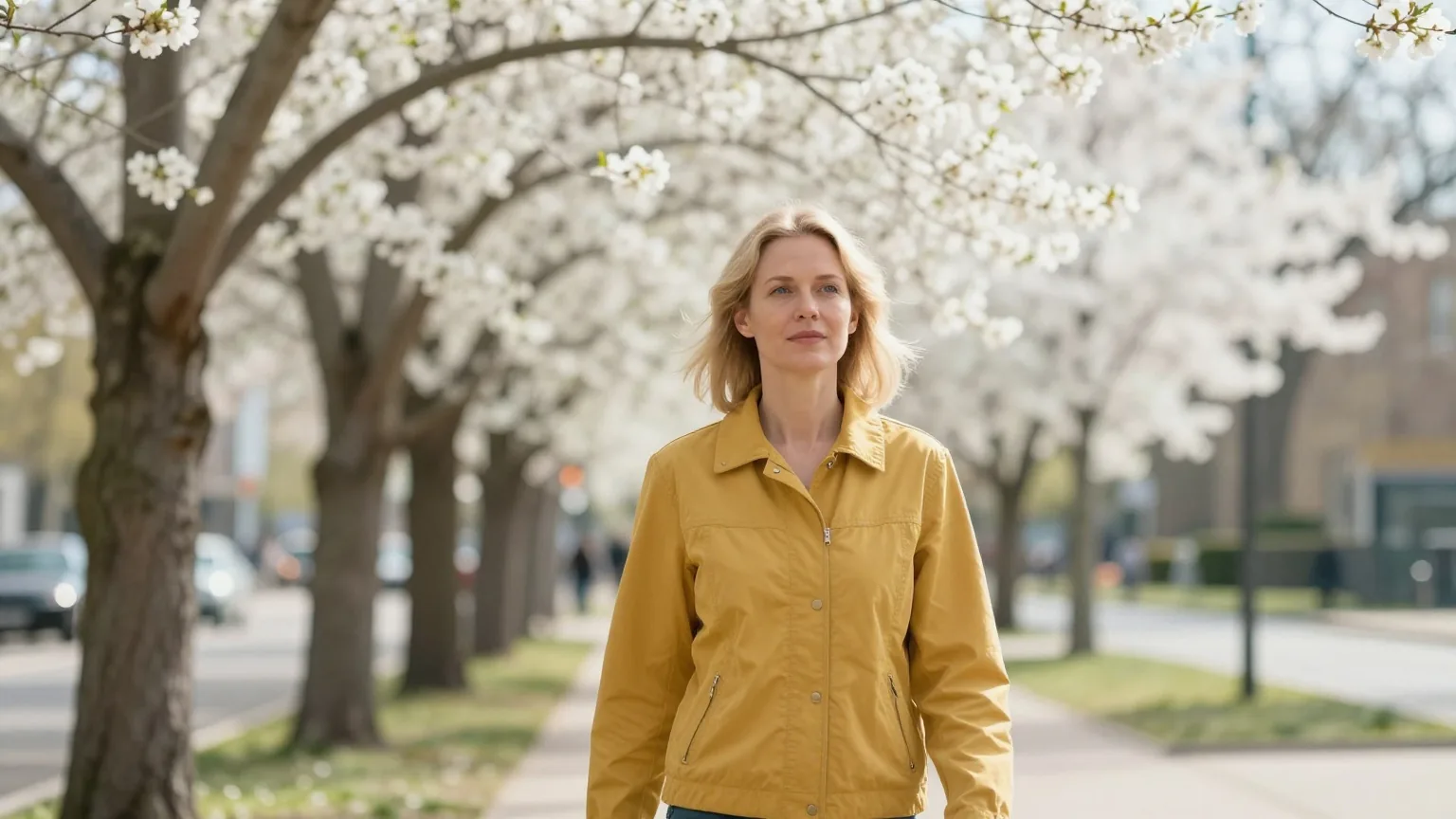 Frau Anfang dreißig mit hellblondem Haar in einer gelben Jacke geht an einem sonnigen Frühlingstag auf einem Parkweg unter blühenden Bäumen