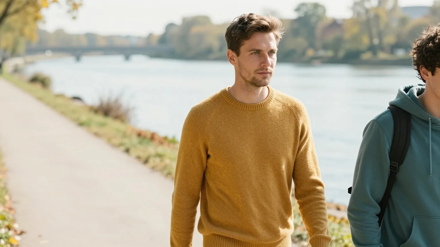 Mann Ende dreißig mit kurzem braunem Haar im senfgelben Pullover geht an einem sonnigen Herbsttag mit einem Freund entspannt an einem Flussufer entlang
