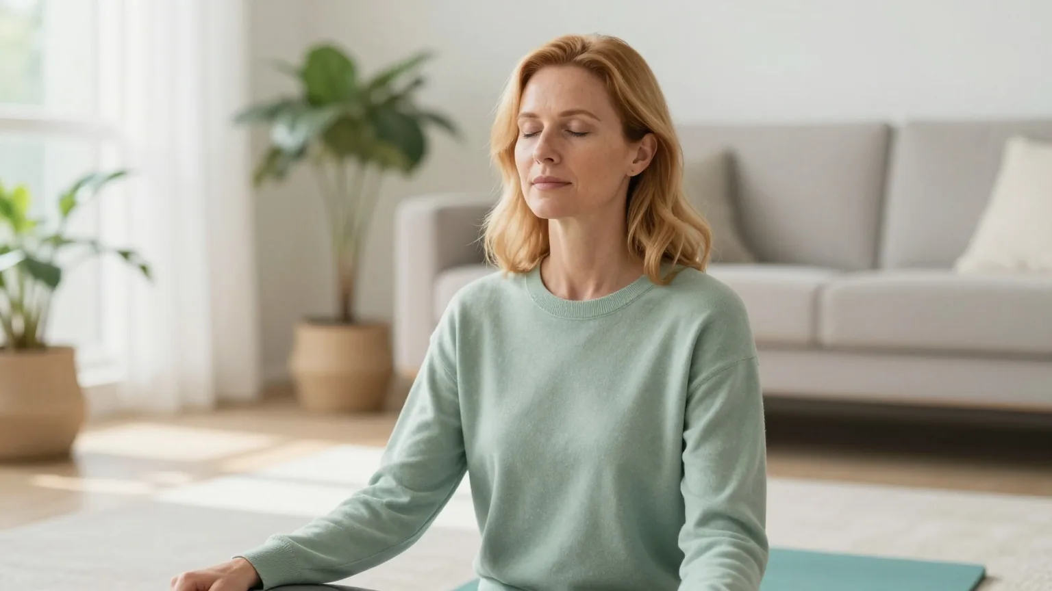 Frau Mitte vierzig mit rotblondem Haar in einem salbeigrünen Pullover sitzt auf einer Yogamatte im hellen Wohnzimmer, hat die Augen geschlossen und atmet ruhig