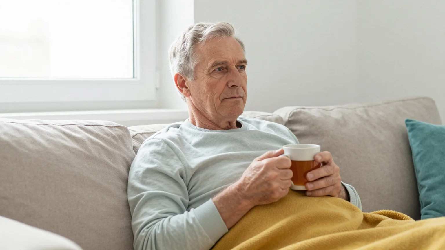 Mann Ende sechzig mit kurzem grauem Haar ruht unter einer senfgelben Wolldecke auf dem Sofa und hält eine Tasse Tee in den Händen