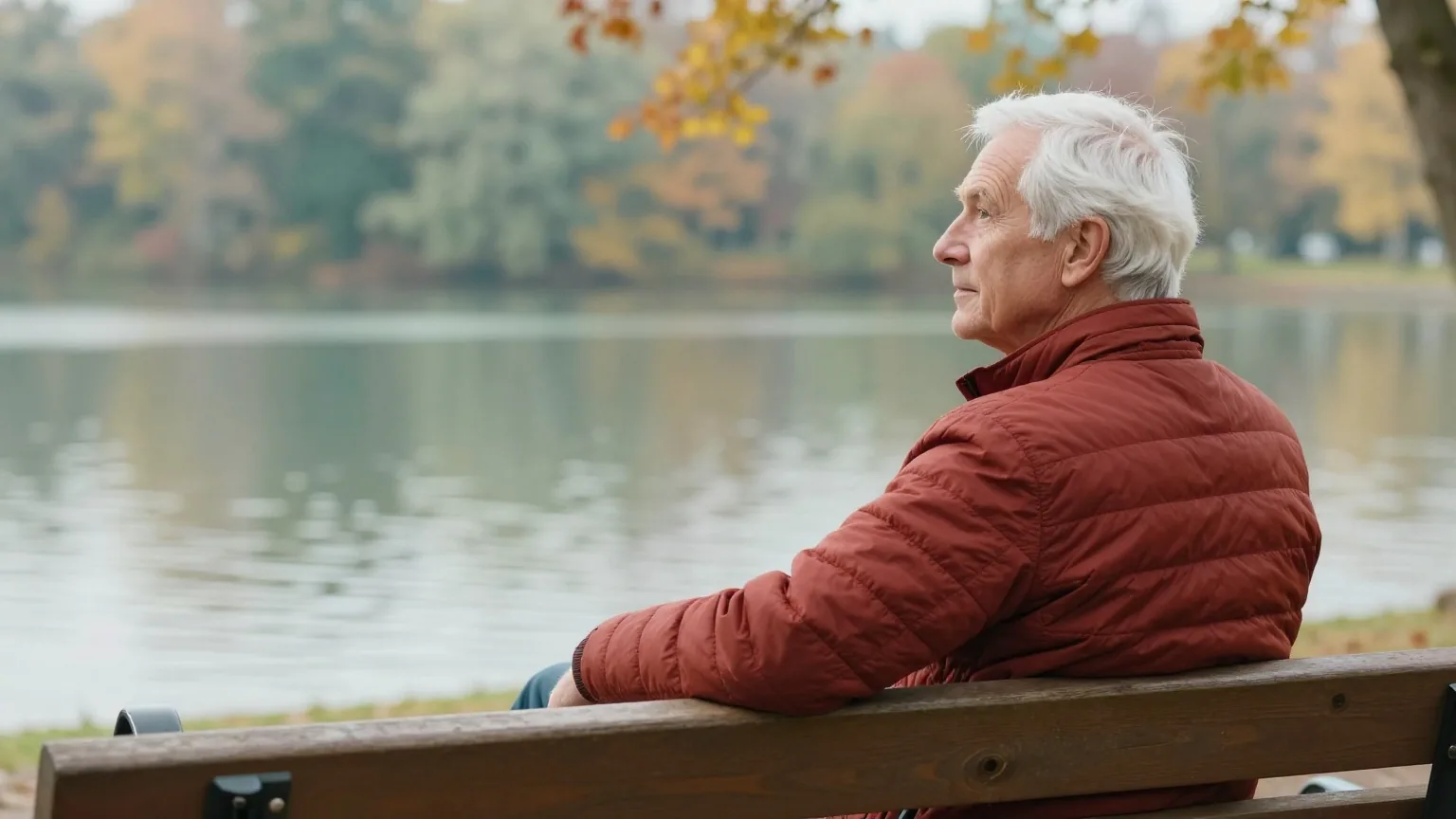 Mann Ende sechzig mit kurzem weißem Haar in einer rostroten Steppjacke sitzt an einem Herbsttag ruhig auf einer Parkbank und blickt über einen See