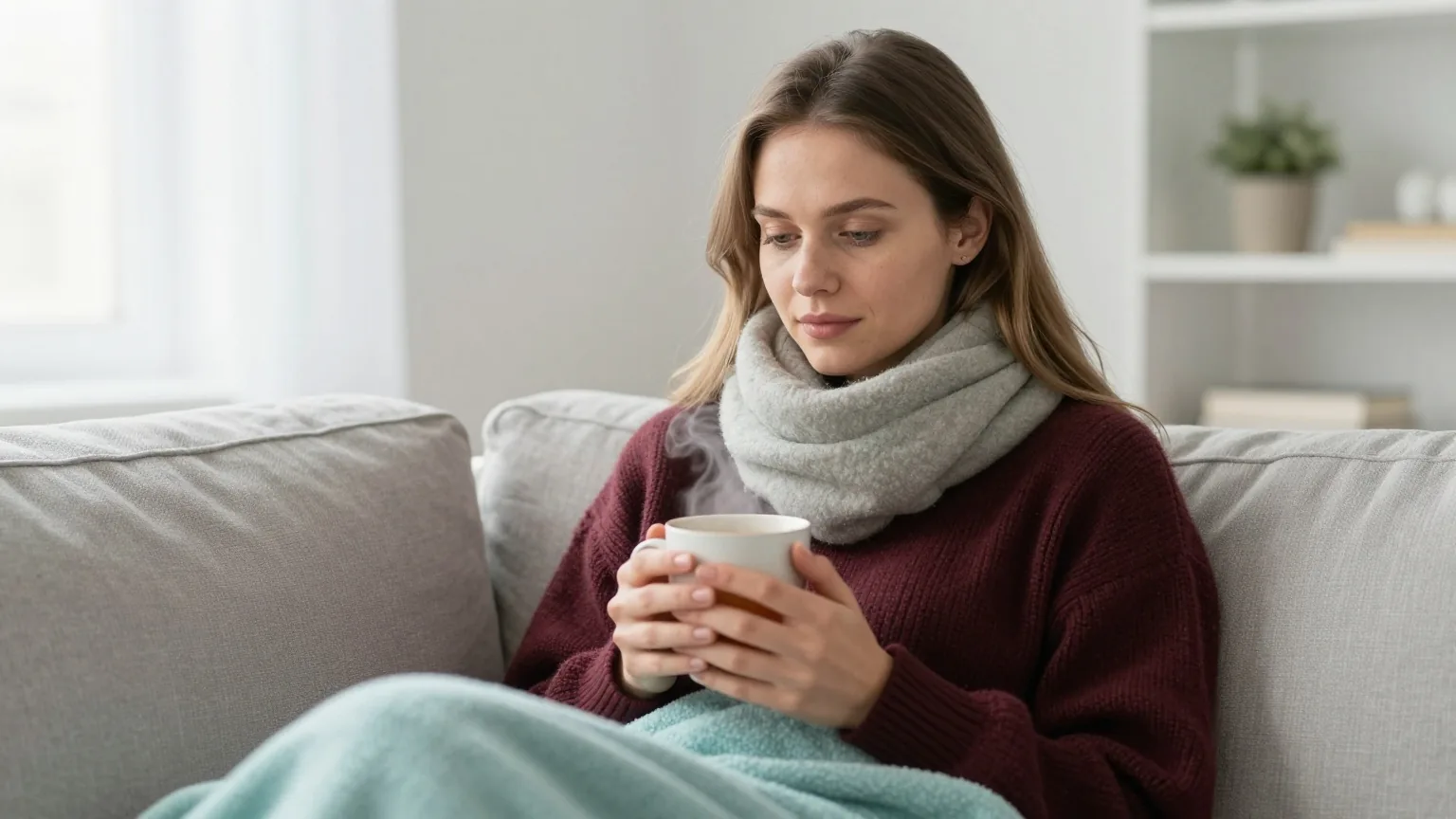 Junge Frau mit langem dunkelblondem Haar in weinrotem Strickpullover und Wollschal sitzt unter einer Decke auf dem Sofa und hält eine dampfende Tasse Tee