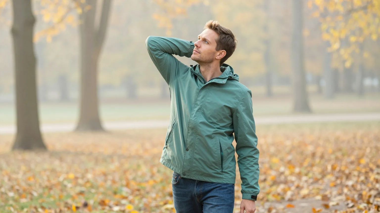 Mann Mitte dreißig mit kurzem braunem Haar in grüner Jacke dehnt bei einem Spaziergang im herbstlichen Park den Rücken