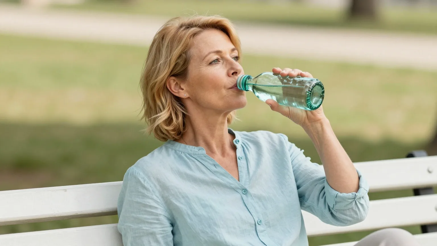 Frau Mitte fünfzig mit kurzem rotblondem Haar sitzt an einem heißen Sommernachmittag im Schatten auf einer Parkbank und trinkt Wasser aus einer Glasflasche