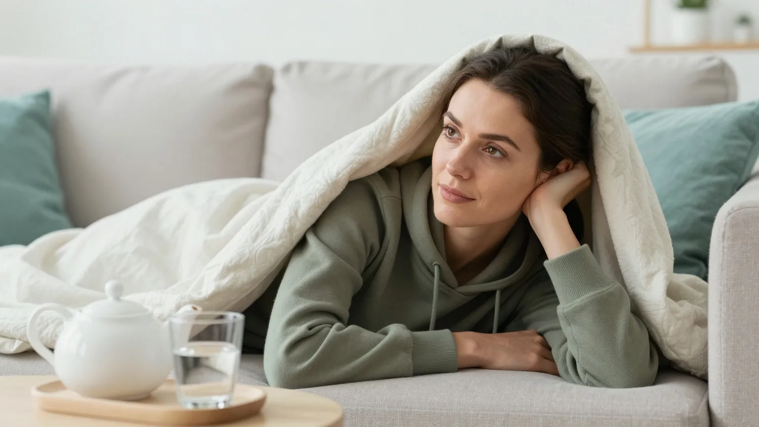 Frau Mitte dreißig mit dunkelbraunem Pferdeschwanz in olivgrünem Hoodie liegt zugedeckt auf dem Sofa, neben ihr auf dem Tisch eine Kanne Tee und ein Glas Wasser