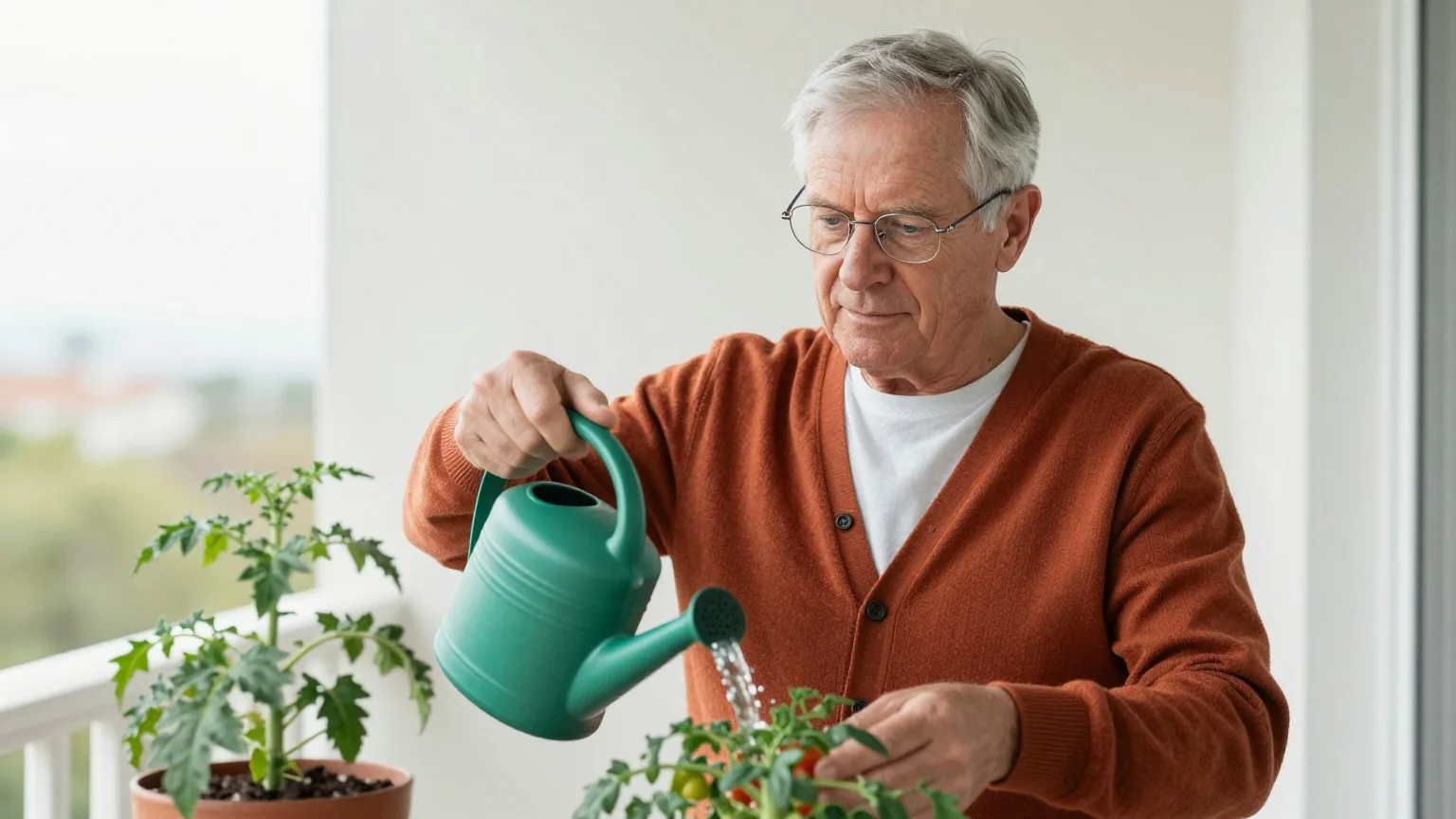 Mann Ende sechzig mit grauem Haar und Brille gießt auf einem sonnigen Balkon Tomatenpflanzen mit einer grünen Gießkanne