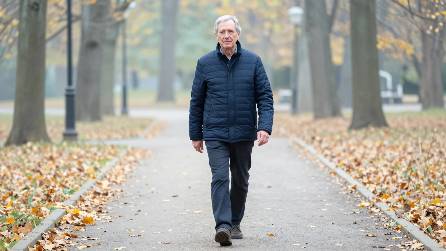 Mann Ende sechzig mit grauem Haar und hellem Teint in einer dunkelblauen Steppjacke geht mit gleichmäßigen Schritten einen Parkweg mit Herbstlaub entlang