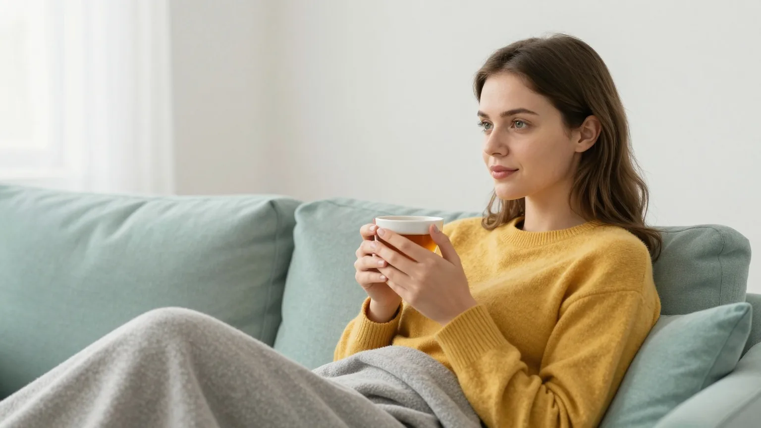 Junge Frau Anfang zwanzig mit braunem Haar liegt in eine graue Decke gehüllt auf dem Sofa und hält eine Tasse Tee