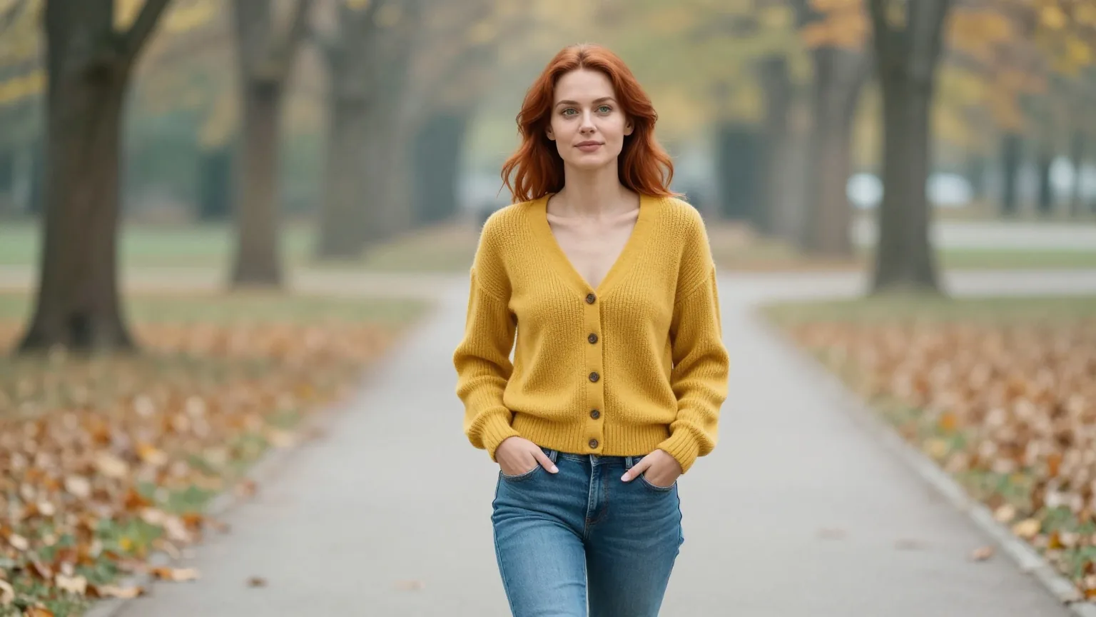 Frau Anfang dreißig mit kastanienbraunem Haar in einer senfgelben Strickjacke geht an einem ruhigen Herbstmorgen einen Parkweg entlang, die Hände in den Taschen