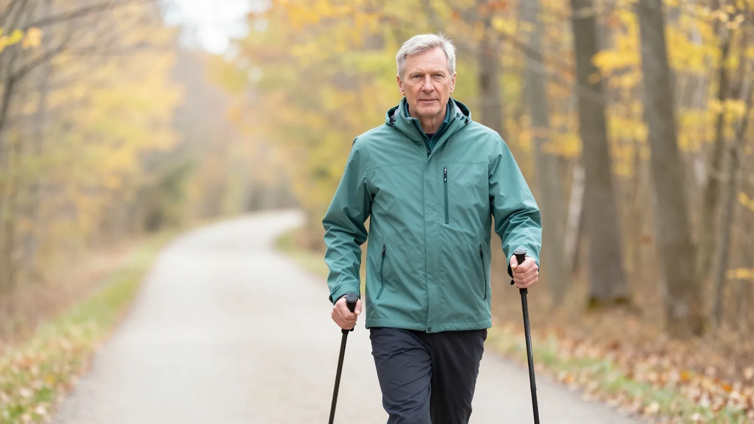 Mann Ende fünfzig mit grauem Haar geht in einer grünen Outdoorjacke mit Walkingstöcken auf einem herbstlichen Waldweg