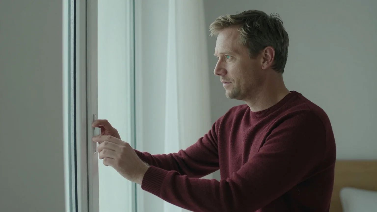 Vater Mitte dreißig mit dunkelblondem Haar in einem dunkelroten Strickpullover öffnet am Abend ein Fenster in einem warm beleuchteten Schlafzimmer, kühle Nachtluft strömt herein