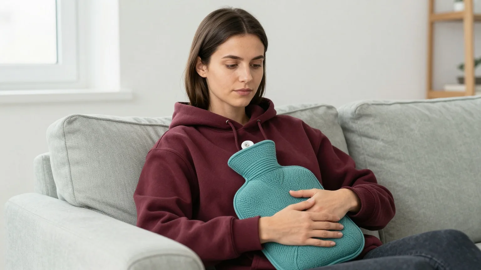 Frau Ende zwanzig mit dunkelbraunem Haar in einem weinroten Kapuzenpullover sitzt entspannt auf einem Sofa im Wohnzimmer und hält eine gestrickte Wärmflasche an ihren Unterbauch