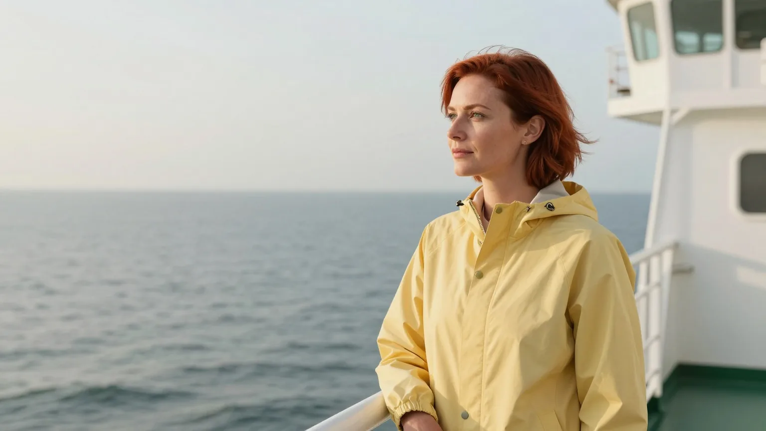 Frau Anfang vierzig mit kurzem rotbraunem Haar in einer gelben Regenjacke steht an der Reling einer Fähre und blickt ruhig zum Horizont