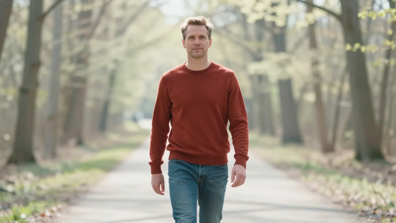 Mann Mitte vierzig mit kurzem dunkelblondem Haar in einem rostroten Pullover geht an einem sonnigen Frühlingsmorgen zügig einen Waldweg entlang