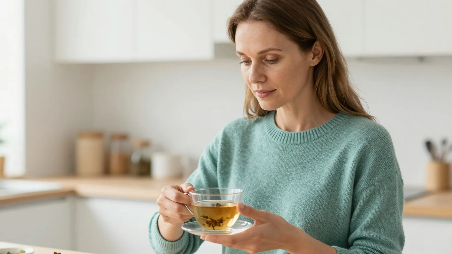 Mutter Ende dreißig mit hellbraunem Haar in einem petrolfarbenen Strickpullover bereitet in einer hellen Küche im Morgenlicht eine Tasse Kräutertee zu