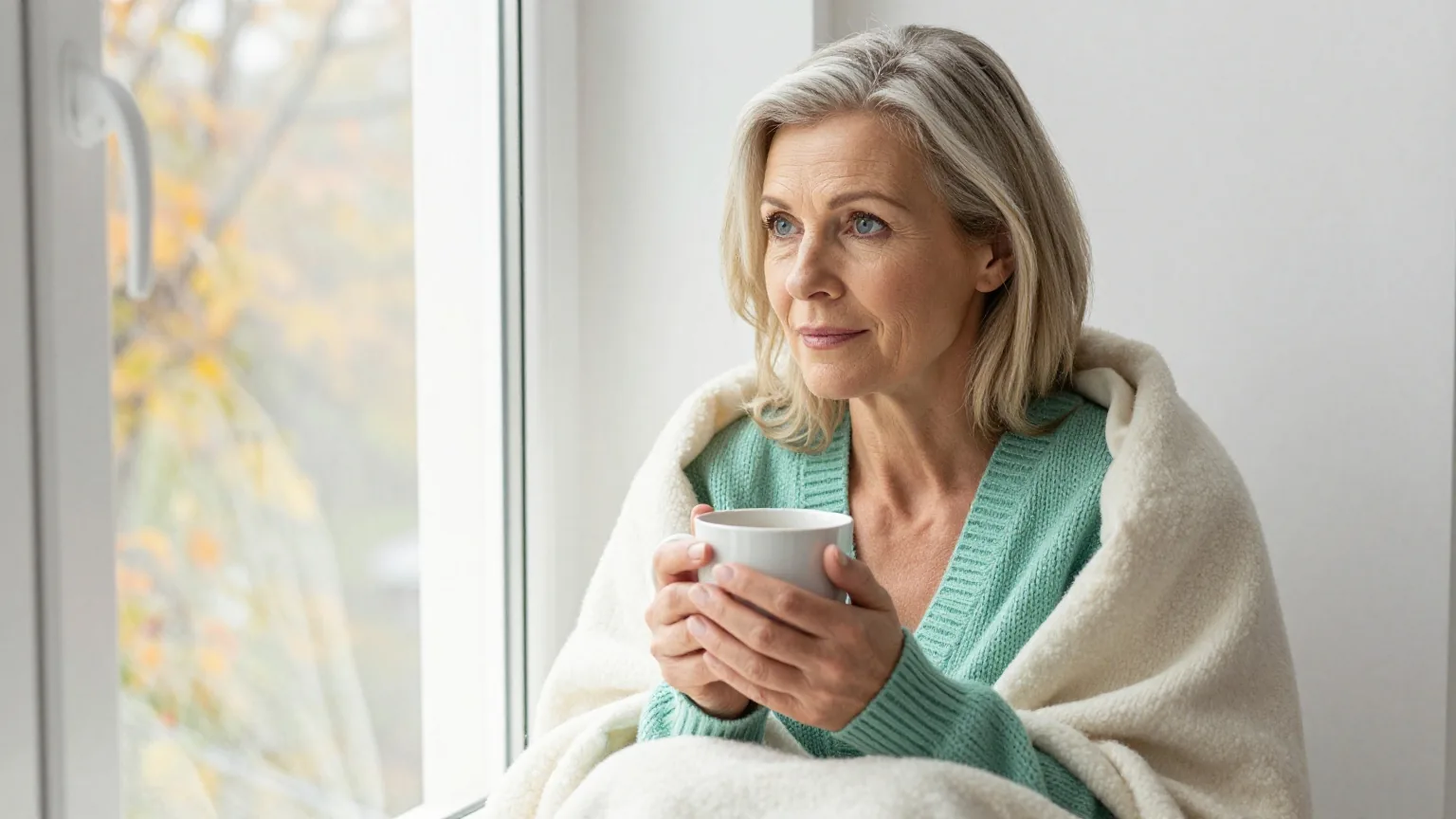 Frau Anfang fünfzig mit schulterlangem aschblondem Haar in einer moosgrünen Strickjacke sitzt in eine Wolldecke gehüllt am Fenster und hält an einem grauen Herbstmorgen eine Tasse Tee
