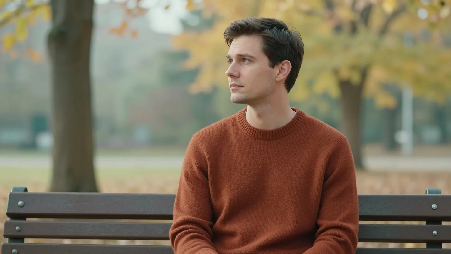 Mann Anfang dreißig mit kurzem dunkelbraunem Haar in einem rostroten Pullover sitzt an einem Herbstnachmittag auf einer Parkbank und blickt ruhig auf die Bäume