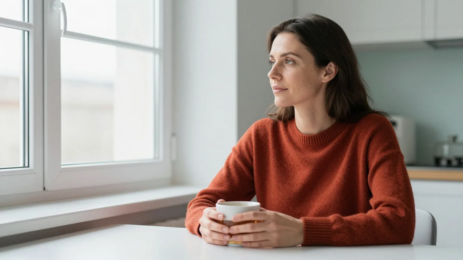 Frau Anfang vierzig mit dunkelbraunem Haar in einem rostroten Wollpullover sitzt am Küchentisch, hält eine Tasse Tee und schaut entspannt aus dem Fenster