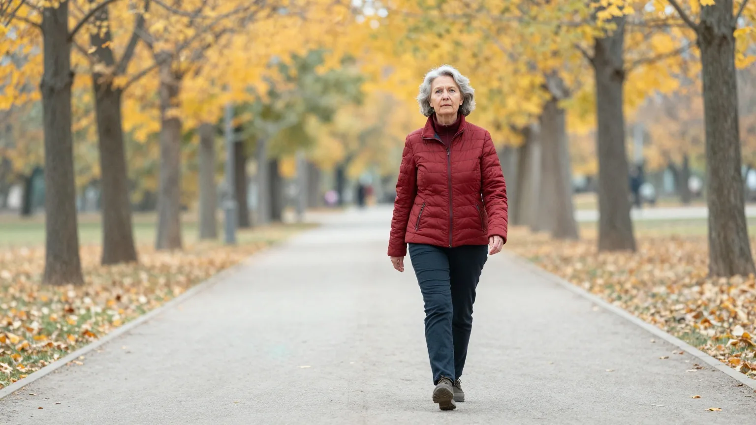 Frau Mitte sechzig mit grauem Kurzhaarschnitt geht in einer roten Steppjacke an einem sonnigen Herbsttag zügig einen Parkweg entlang