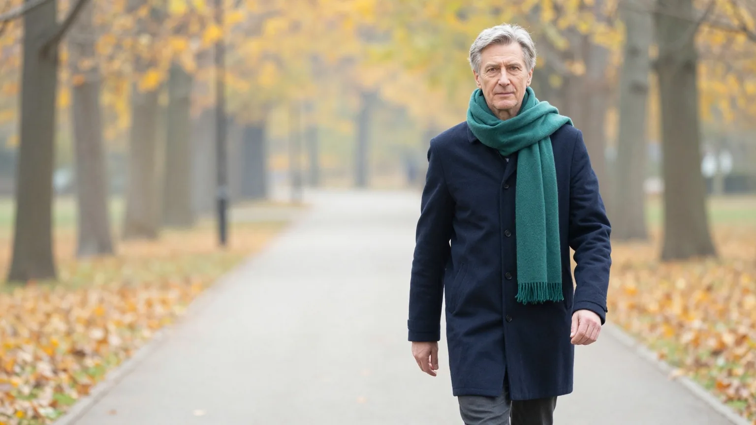 Mann Mitte fünfzig mit grauem Haar und Schal geht an einem klaren Herbsttag ruhig auf einem Weg durch einen Park