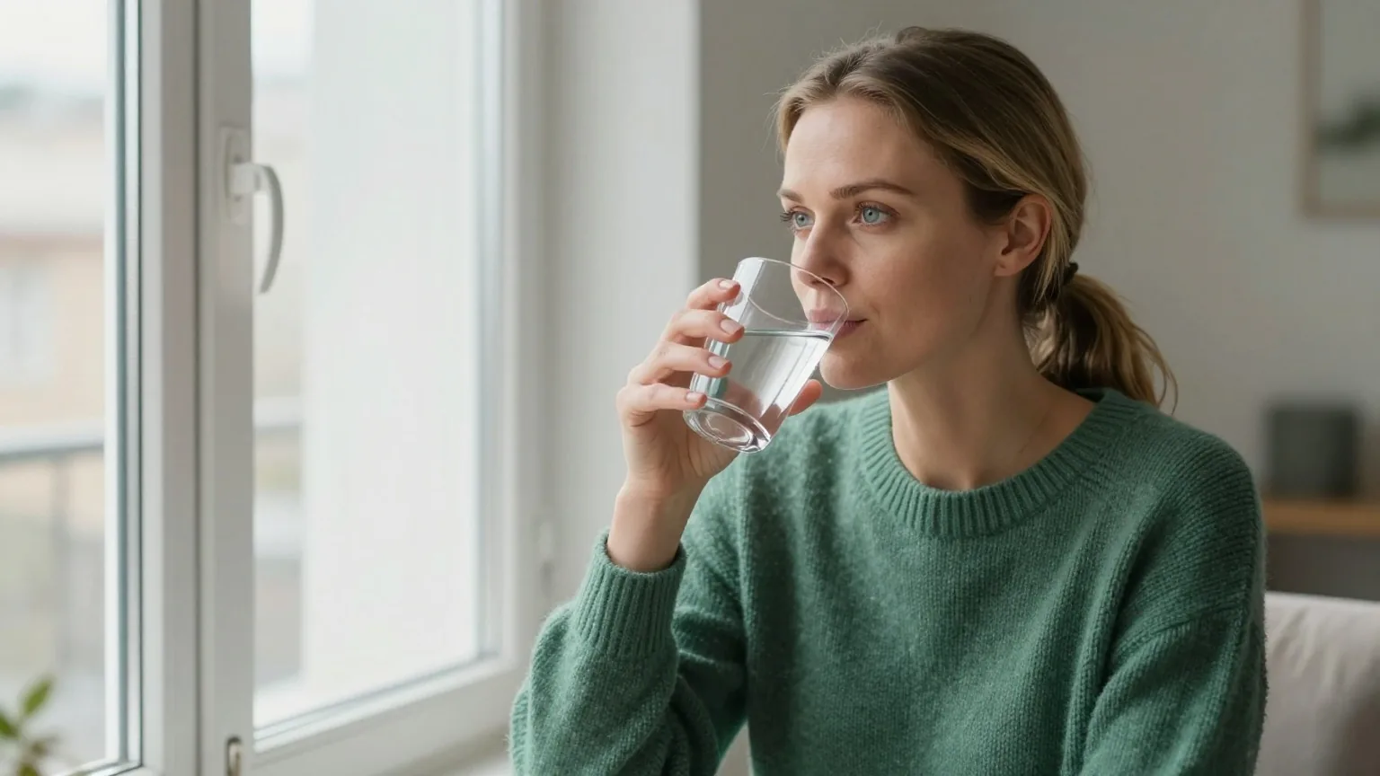Frau Mitte dreißig mit dunkelblondem Pferdeschwanz sitzt in einem moosgrünen Pullover am geöffneten Fenster und nippt an einem Glas Wasser