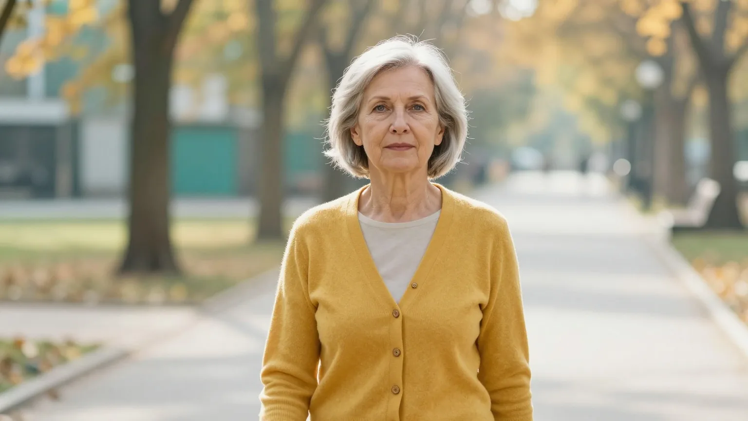 Frau Ende sechzig mit kurzem silbergrauem Haar in einer senfgelben Strickjacke geht an einem sonnigen Herbstnachmittag einen Parkweg entlang und wendet das Gesicht leicht der Sonne zu