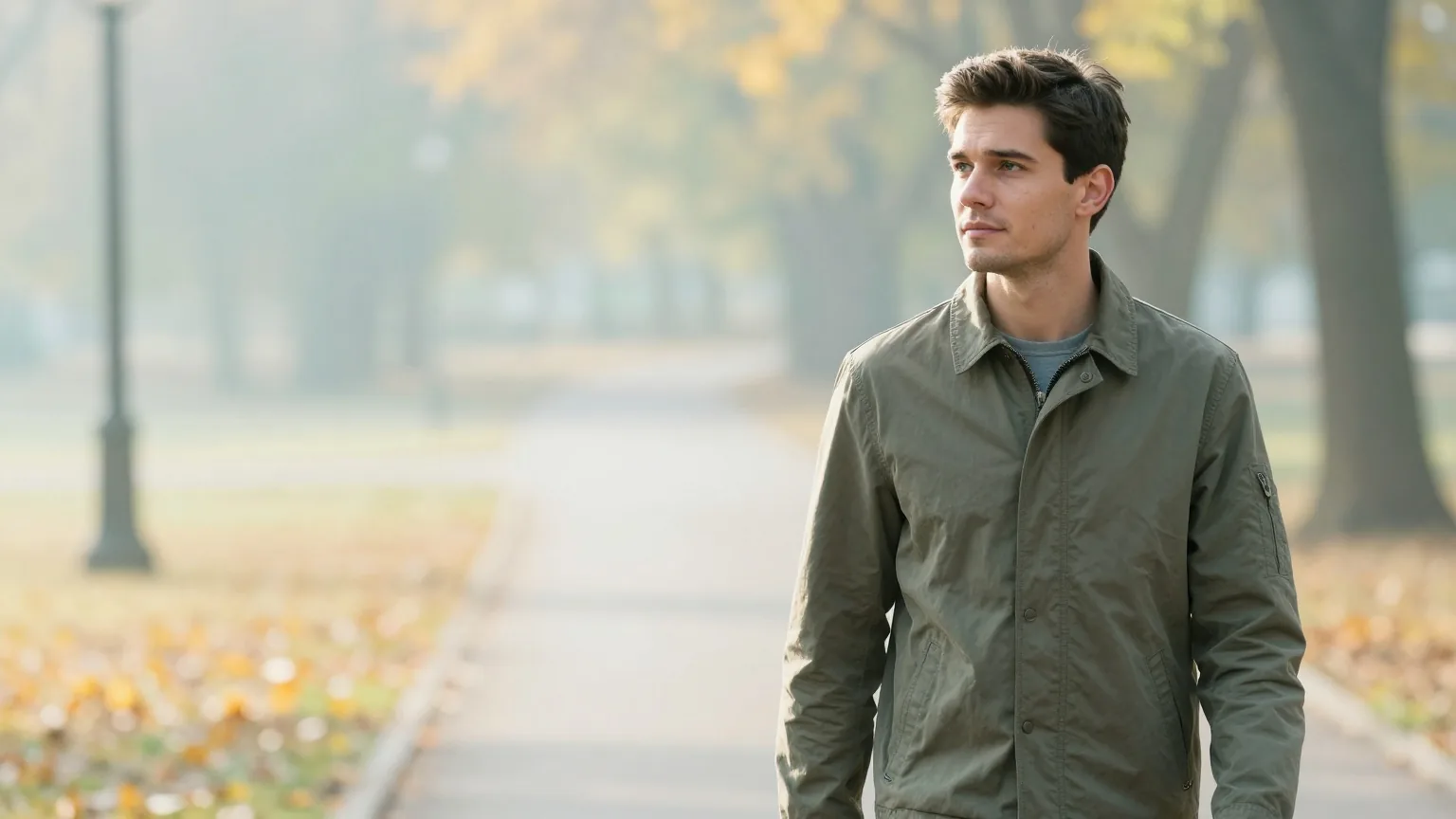 Mann Ende zwanzig mit dunkelbraunem Haar und grünen Augen in einer olivgrünen Jacke geht an einem klaren Herbstmorgen entspannt einen Parkweg entlang
