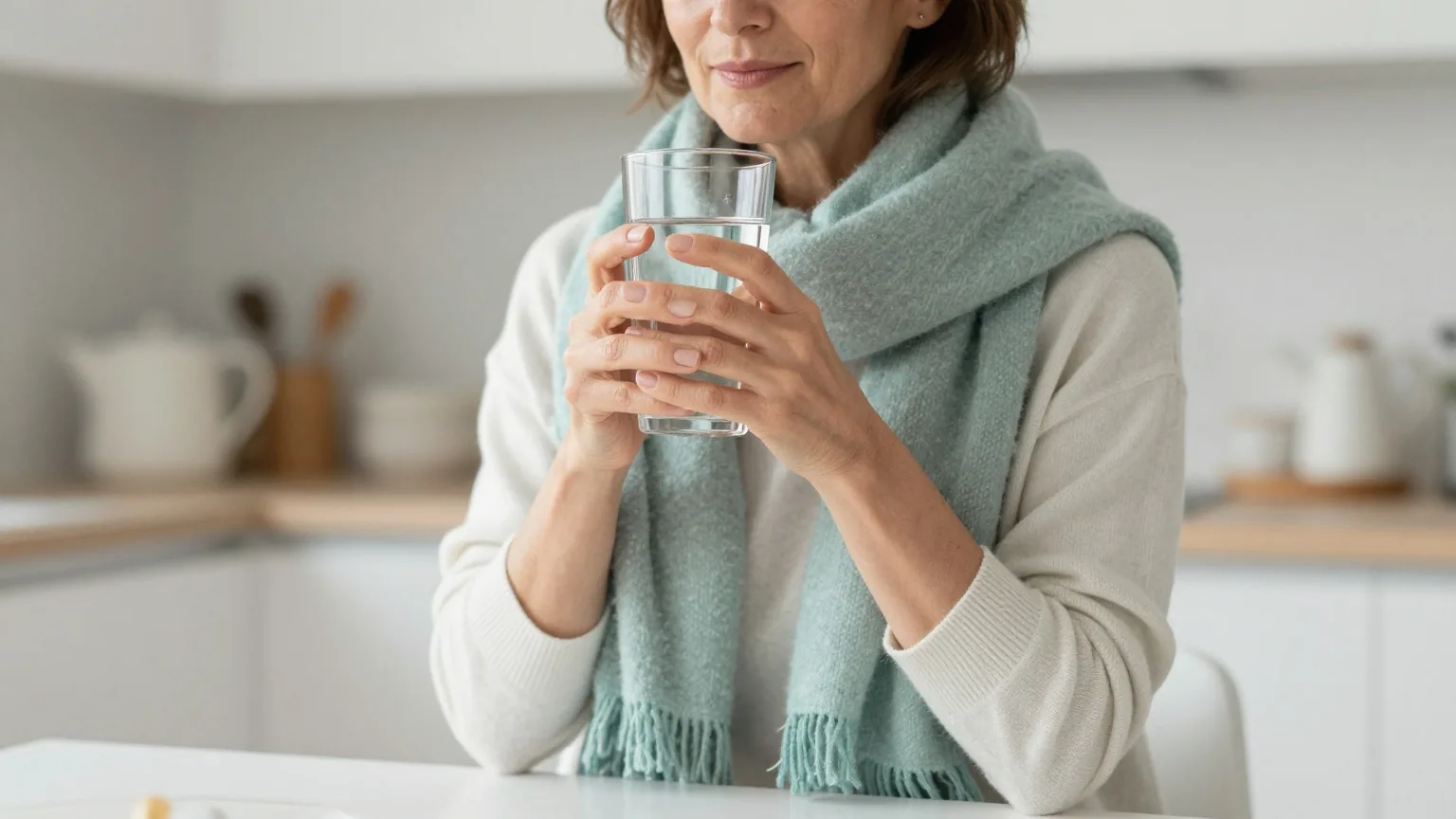 Frau in den Fünfzigern sitzt morgens mit einem warmen Schal am Küchentisch und hält ein großes Glas Wasser mit beiden Händen