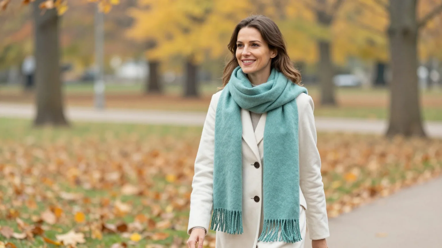 Frau in den Dreißigern spaziert an einem frischen Herbstmorgen mit Schal durch einen Park und lächelt