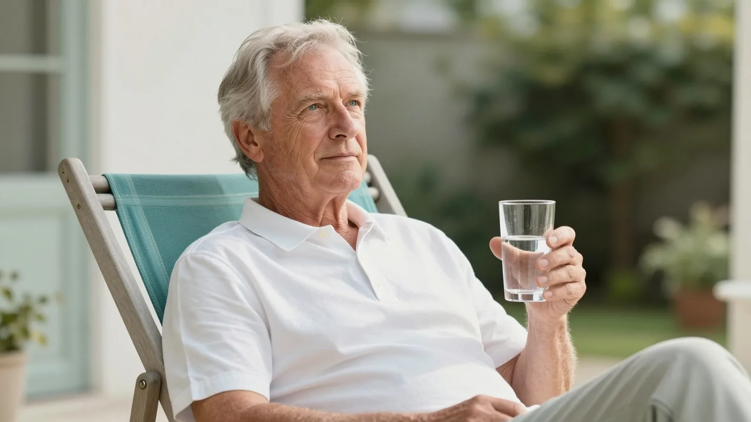 Mann Ende sechzig mit grauem Haar sitzt entspannt in einem Gartenstuhl auf einer sonnigen Terrasse und hält ein Glas Wasser