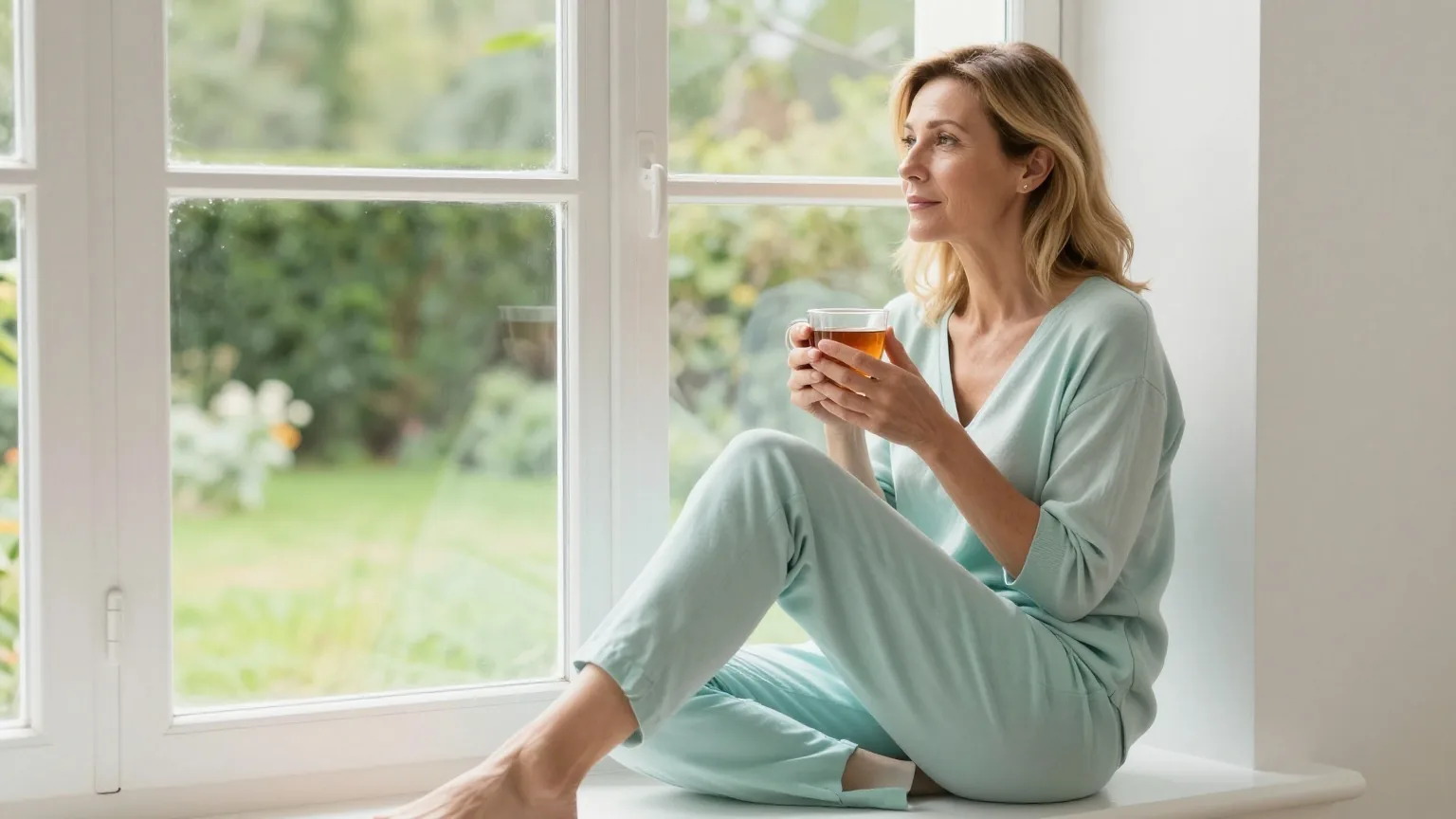 Frau Mitte vierzig sitzt am Morgen mit einer Tasse Tee in den Händen auf einer hellen Fensterbank und schaut ruhig nach draußen in den Garten