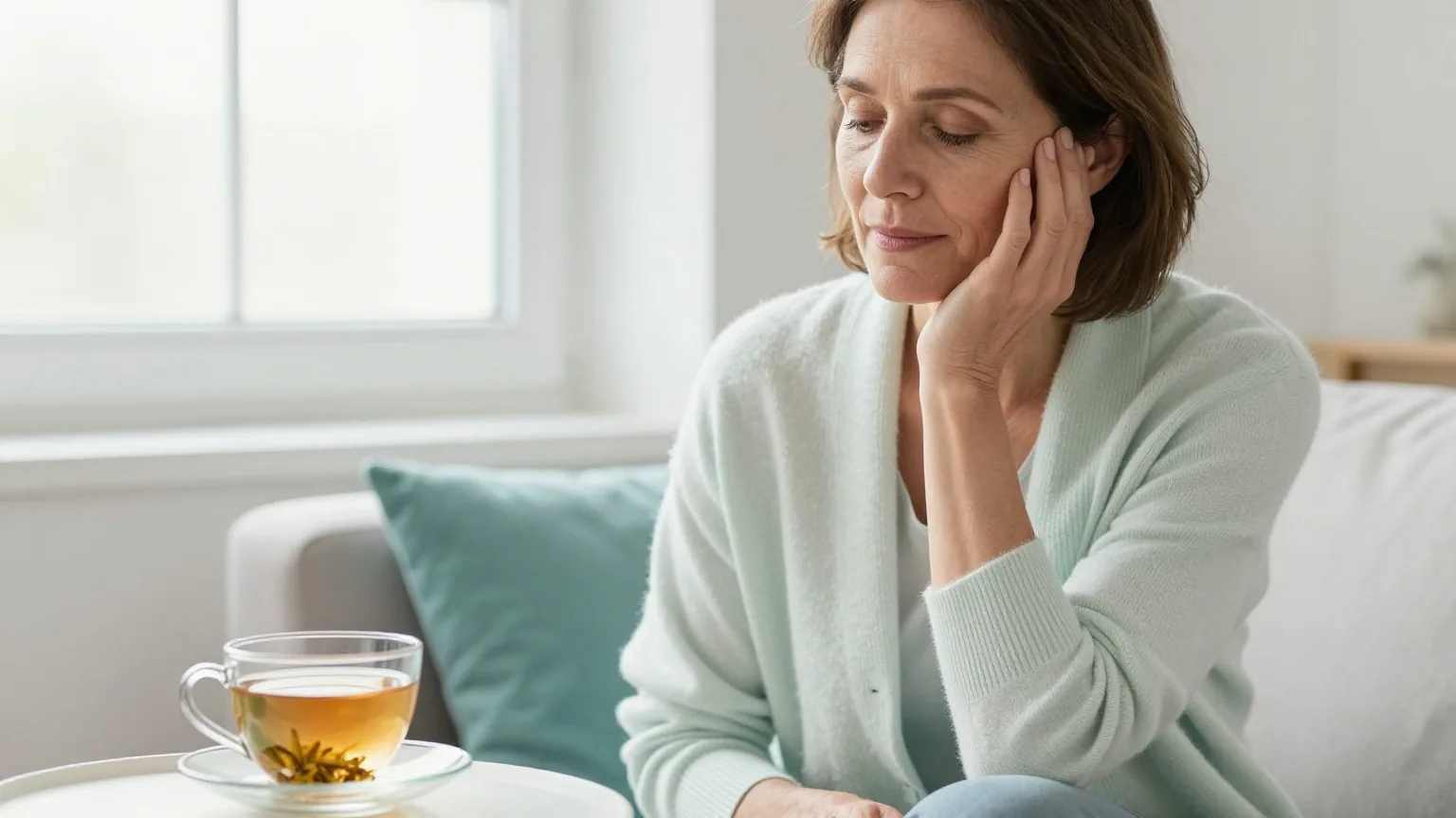 Frau in den Fünfzigern sitzt in eine Strickjacke gehüllt auf dem Sofa und hält sich die Hand an die Wange, daneben eine Tasse Kräutertee