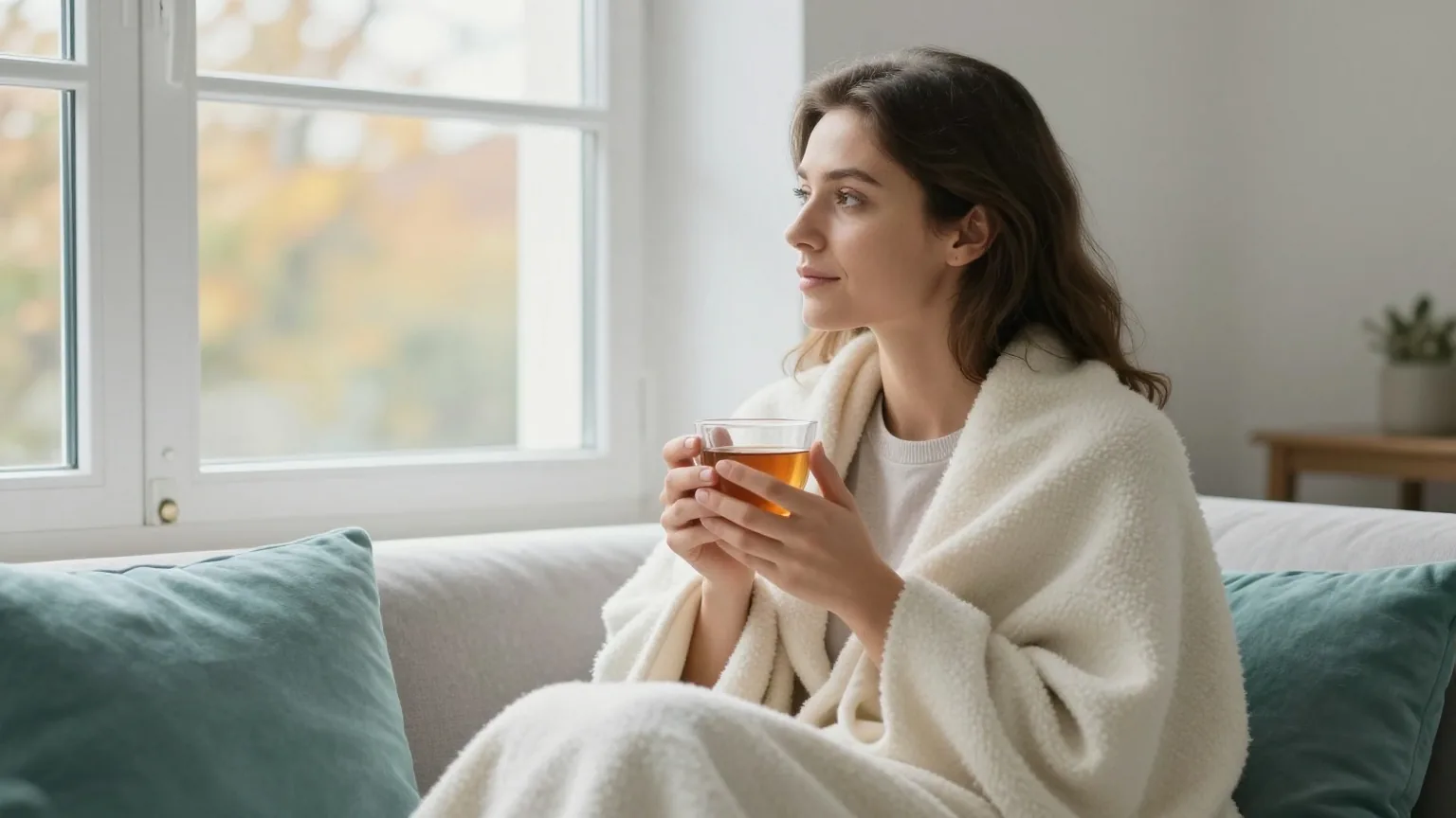 Frau um die dreißig sitzt in eine Wolldecke gehüllt auf dem Sofa, hält eine Tasse Tee in den Händen und schaut aus dem Fenster