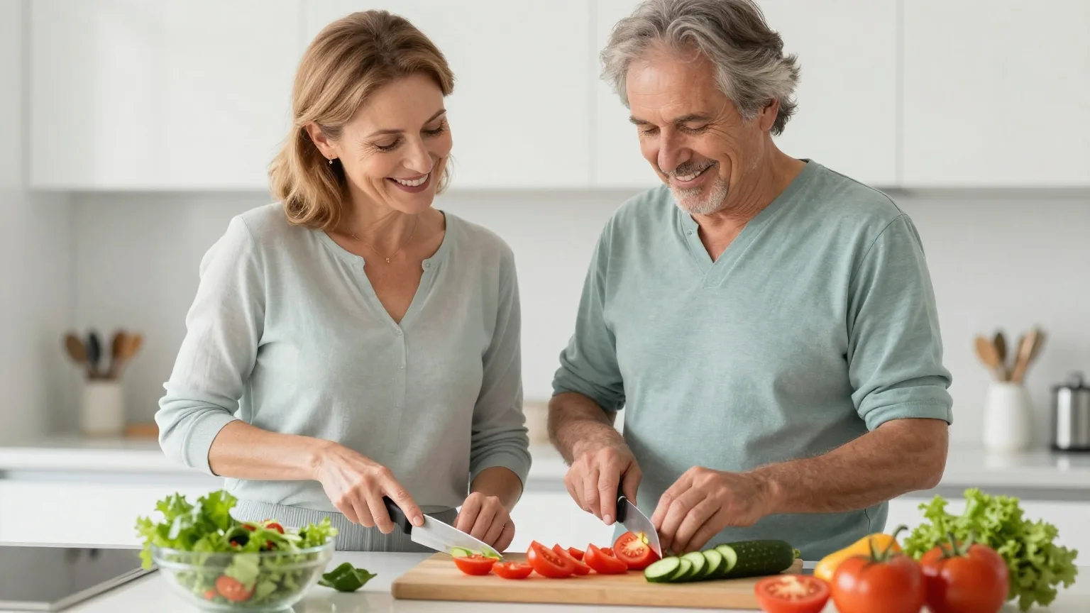 Paar in den Fünfzigern bereitet in einer hellen Küche gemeinsam einen Gemüsesalat zu